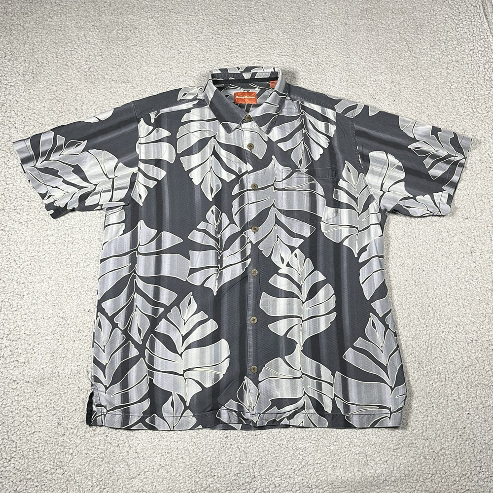 Tommy Bahama Shirt Mens L Button Floral Print Silver Silk Aloha Hawaiian Beach